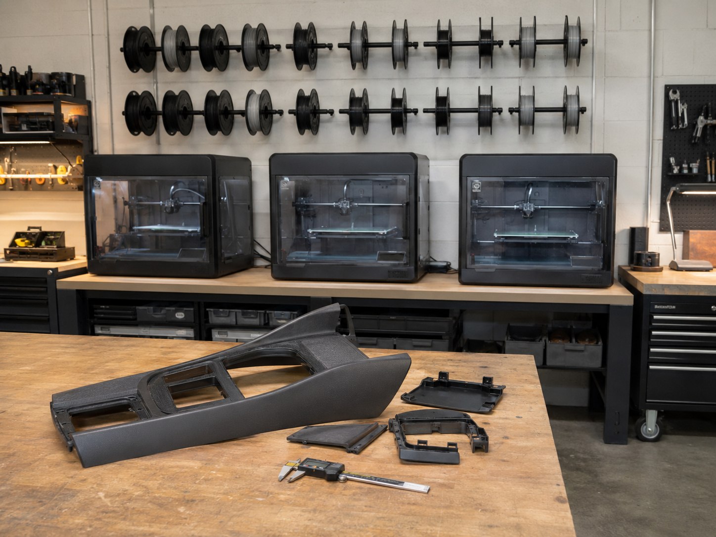 3D-printing workshop with a row of FDM printers