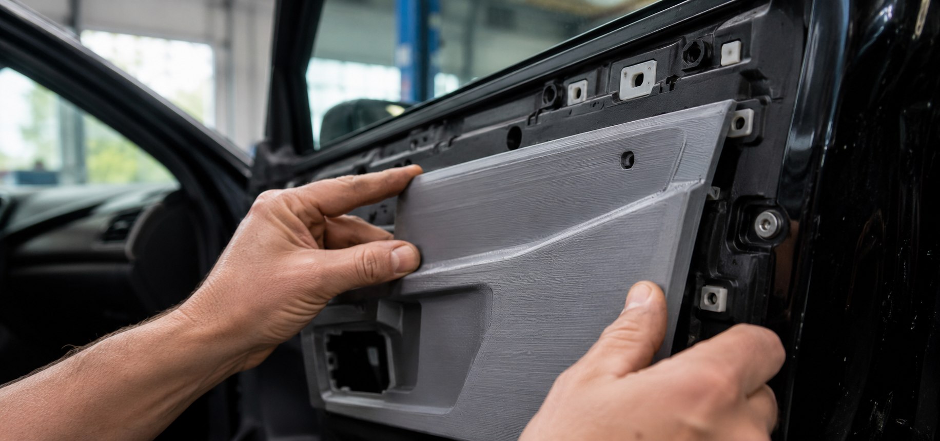Test-fitting a 3D-printed trim piece on the vehicle